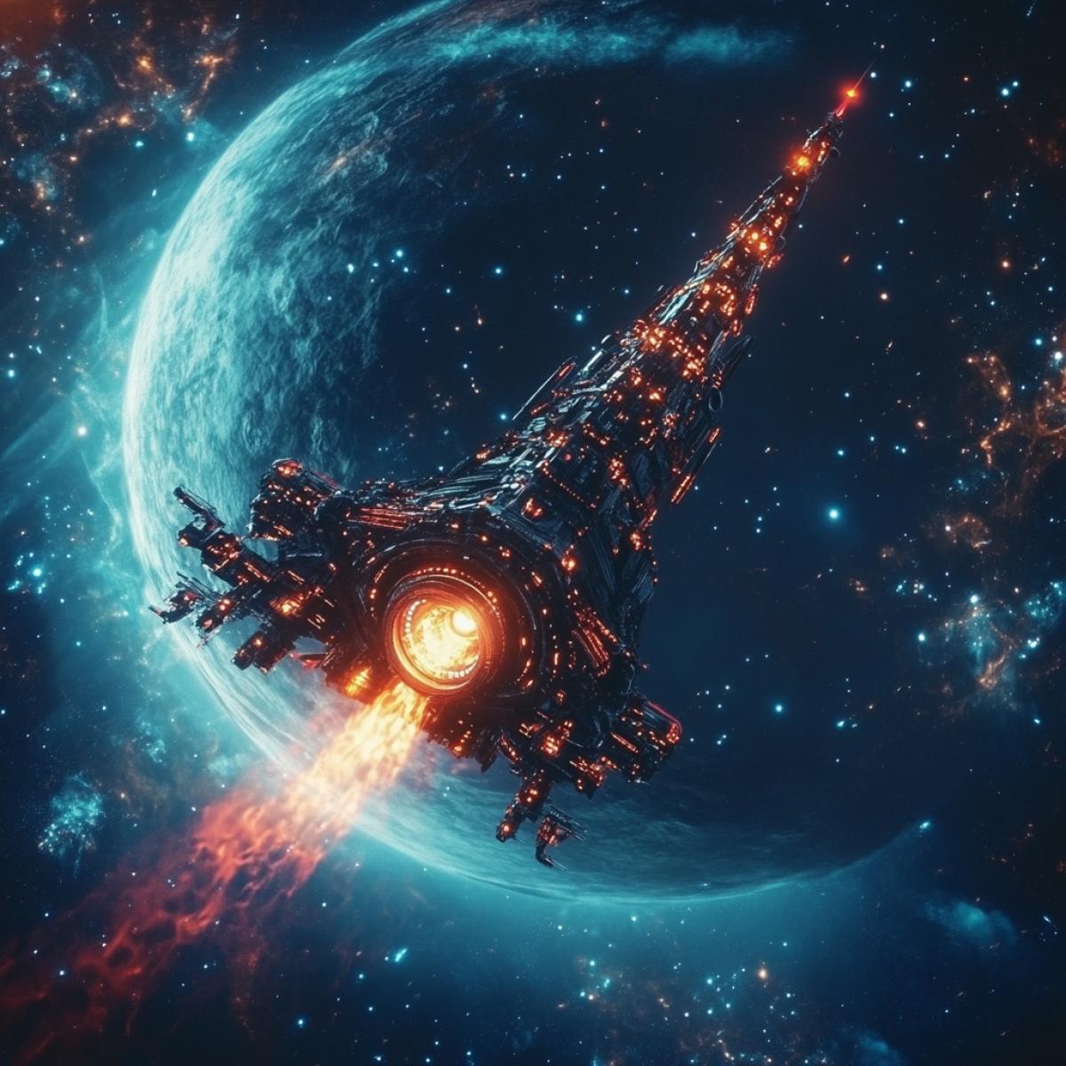 A big spaceship in the shape of a Christmas tree flies in space against the backdrop of a big dark hole. Plasma engines operate at the rear.