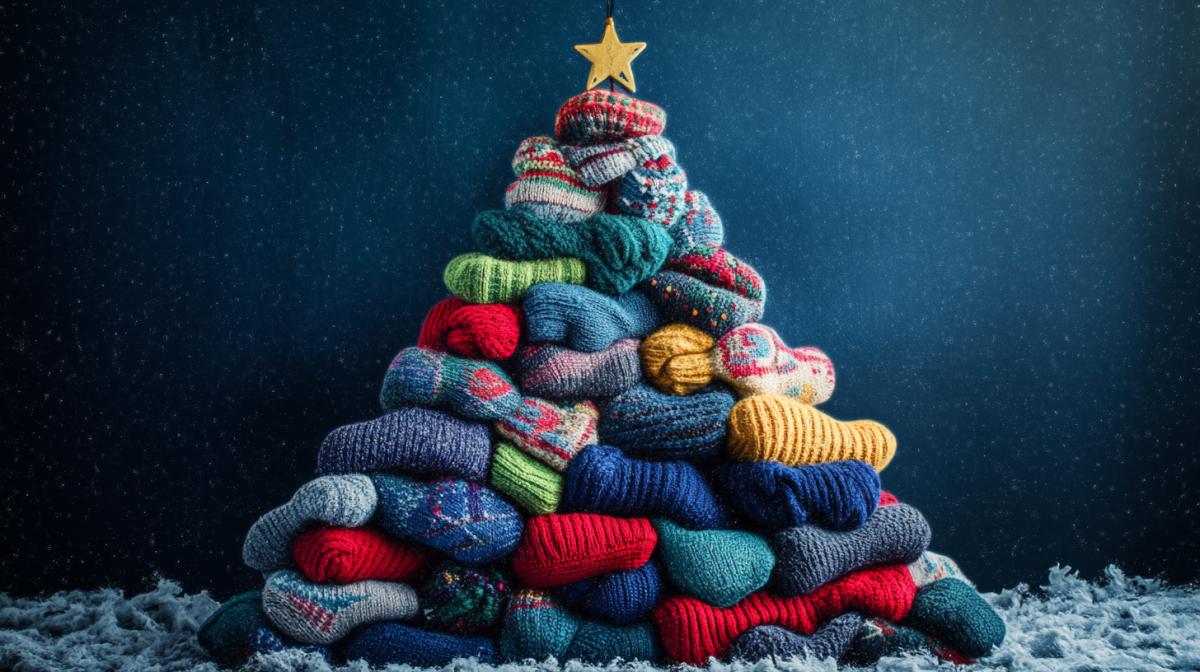 a large pile of socks folded in the shape of a Christmas tree. Realistic photo, drawing of details.
