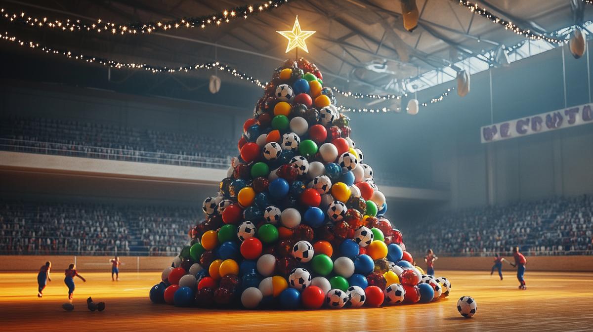 In the gym in the center, a large number of multi-colored sports small soccer balls are piled up in the form of a Christmas tree up to the ceiling, with garlands, lights, and a star on top. Spectators are sitting in the stands. Little football players play ball in the hall. Realistic photo, drawing of details.
