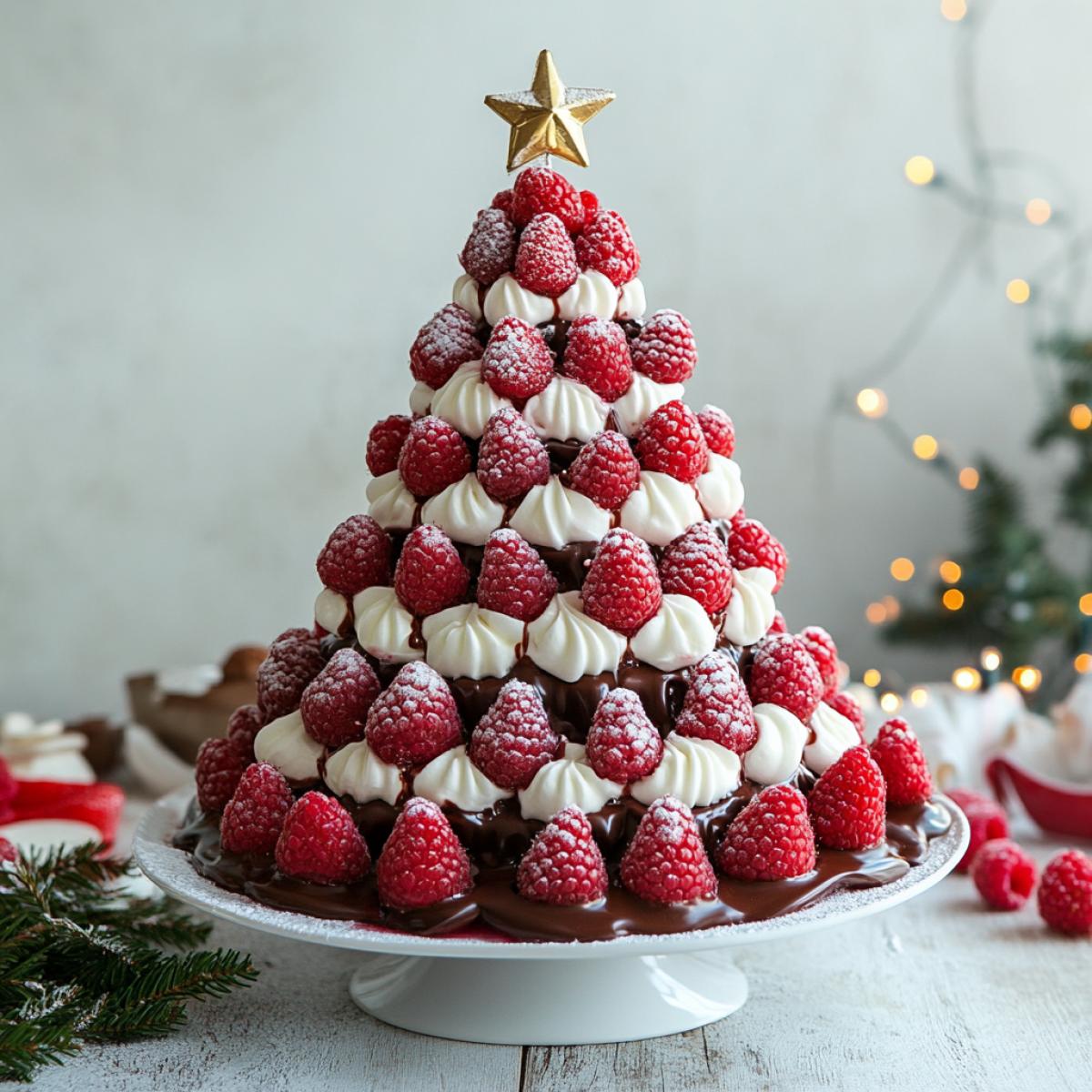 Large Christmas tree made of strawberries and raspberries dipped in chocolate and cream