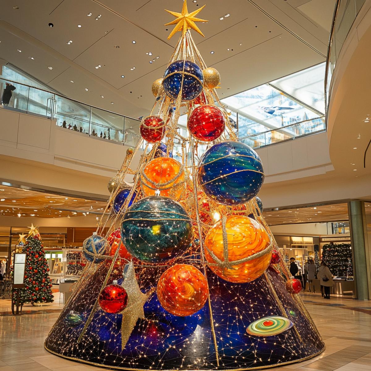 Large Christmas tree made of stars and planets