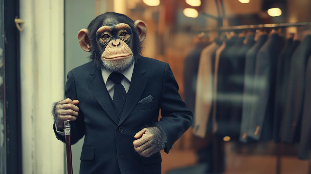 A monkey in a business suit advertises a business clothing store, holding a cane, against the background of a business clothing store, high quality, good detail, vintage retro style
