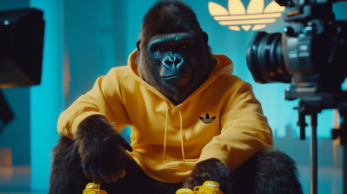 Cute gorilla in a yellow tracksuit and yellow adidas sneakers in a photo studio, filming in progress, camera, operator. In the background is the adidas logo on the wall. Realistic 4k photo