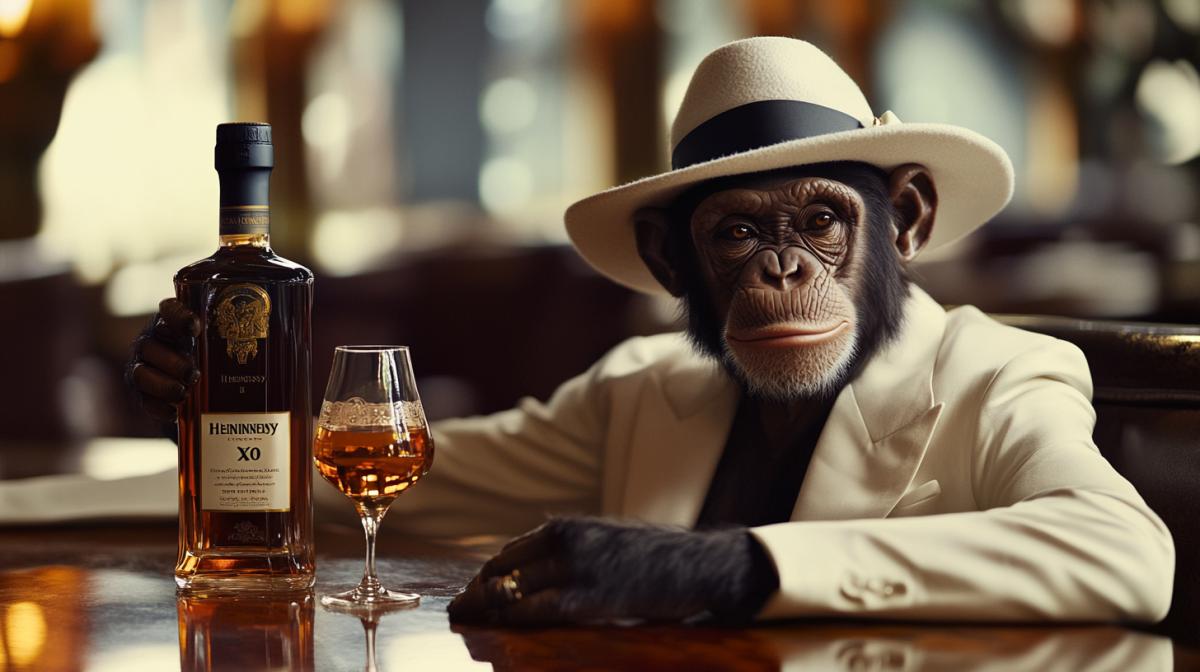 A fashionable monkey in a hat and a white suit sits at a table in a restaurant, drinks cognac. On the table is a bottle of Hennessy XO with a label