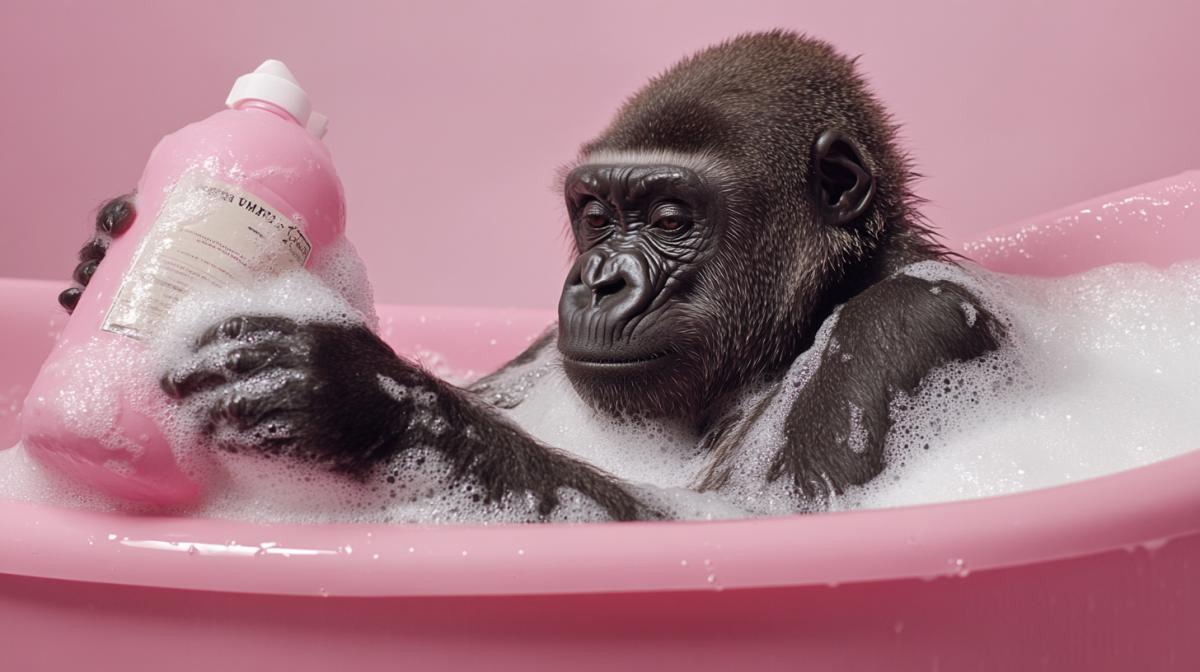 Gorilla washes himself in a pink bathtub, in foam, bubbles. Holds in his hands a large bottle of foam with a label. Realistic 4K photo, high detail