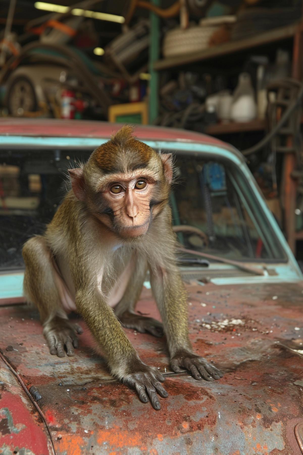 A monkey invites people to an auto repair shop where monkeys fix cars.