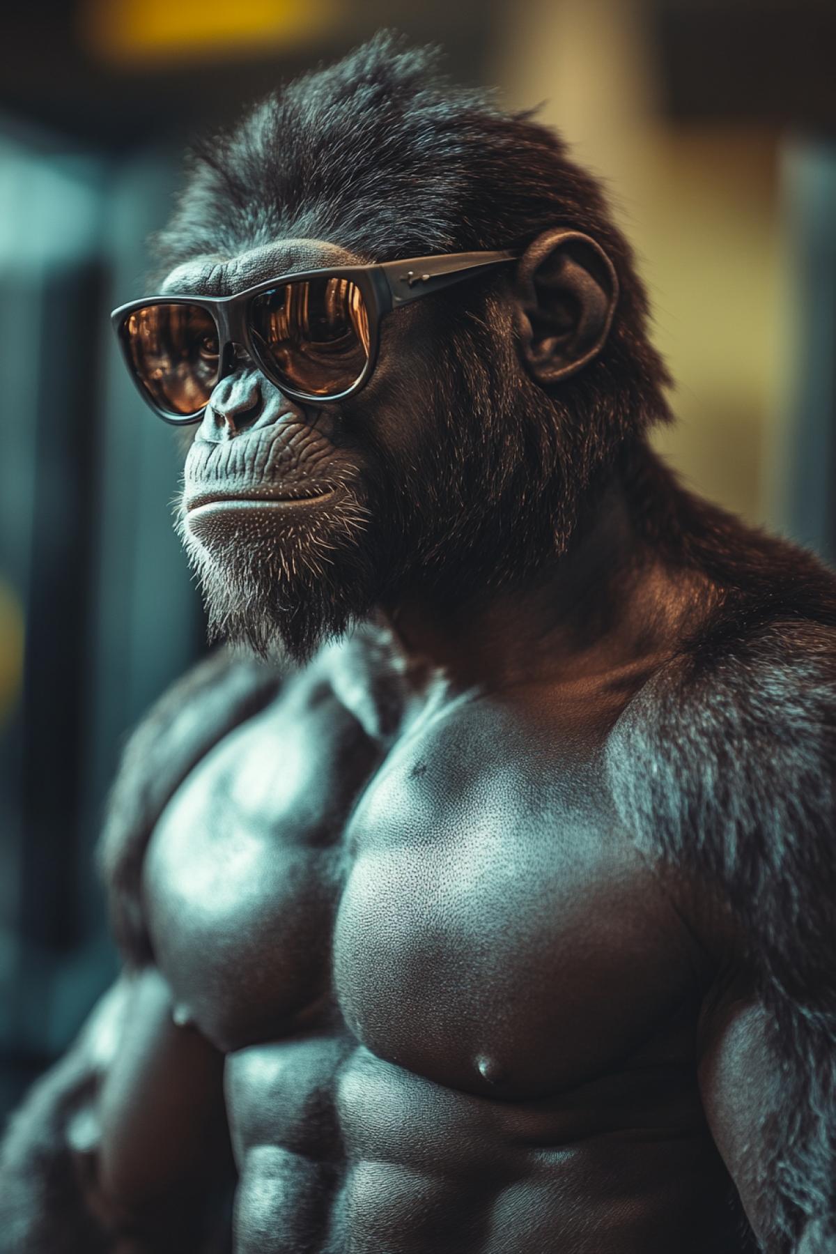 Muscular Monkey in Glasses advertises protein in the gym
