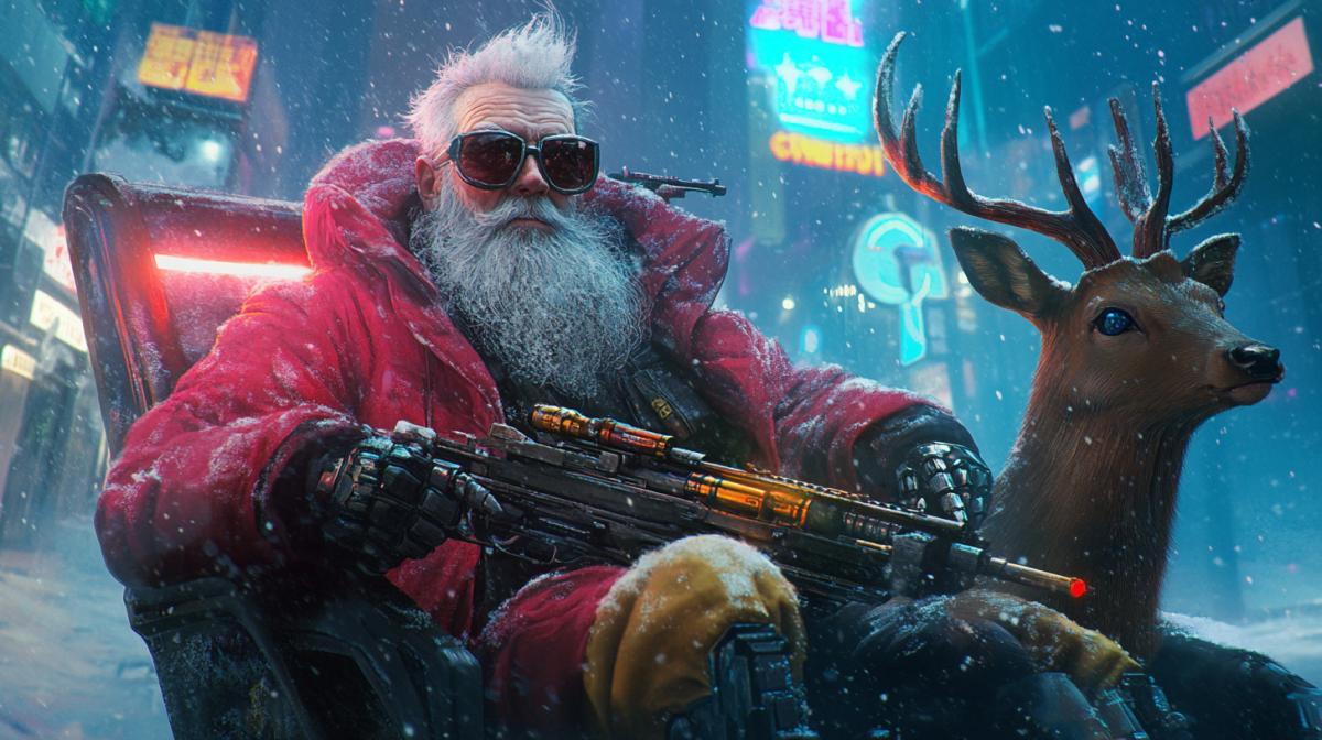 Cyberpunk style, Grandfather Frost rides in a mechanical New Years sleigh in the sky, the sleigh is pulled by a robotic deer, weapons in his hands, sunglasses, a cigar, implants on his face, robotic hands, night, snowfall, high quality, New Years atmosphere, against a cyberpunk background metropolis
