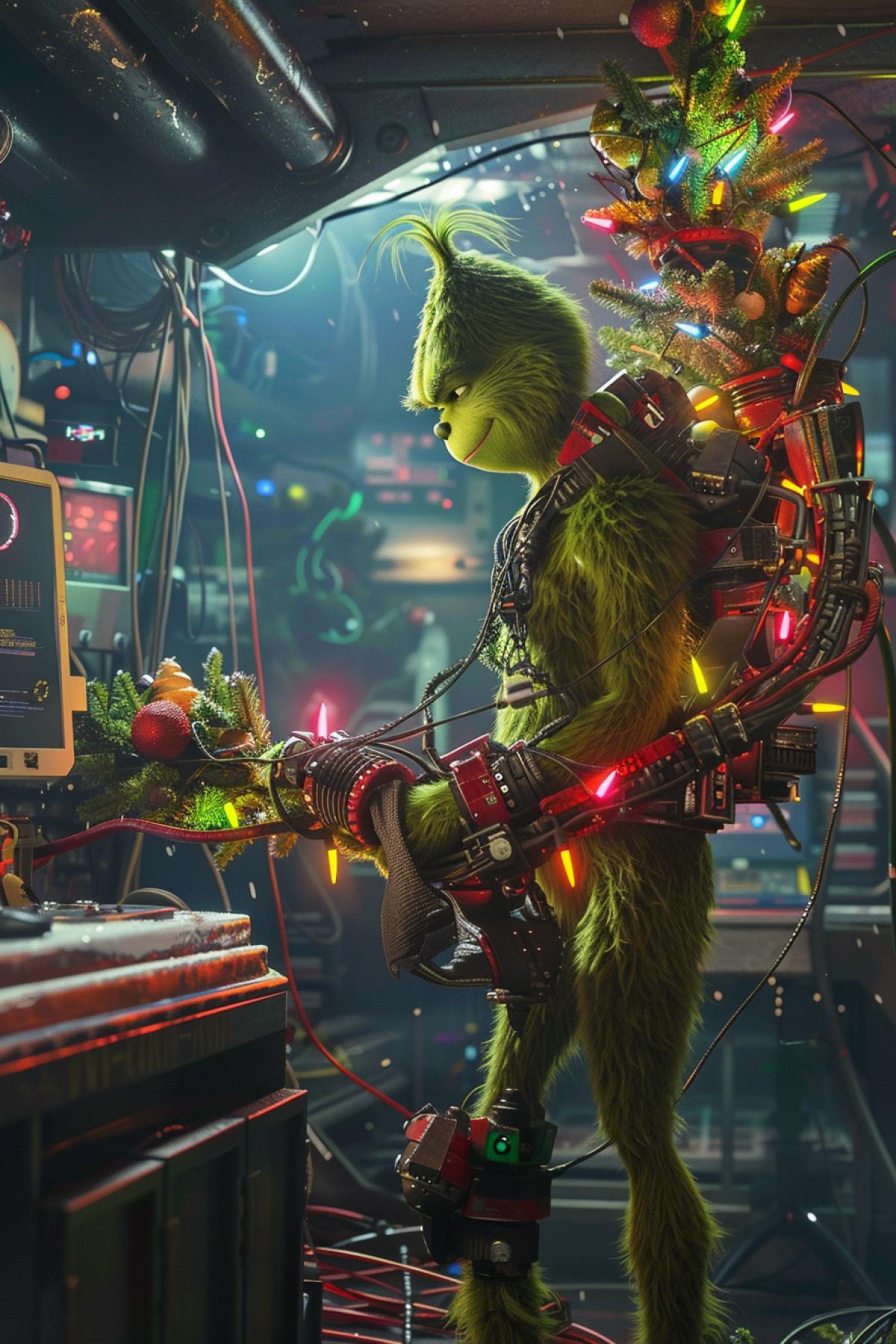The Grinch steals a cyberpunk Christmas tree