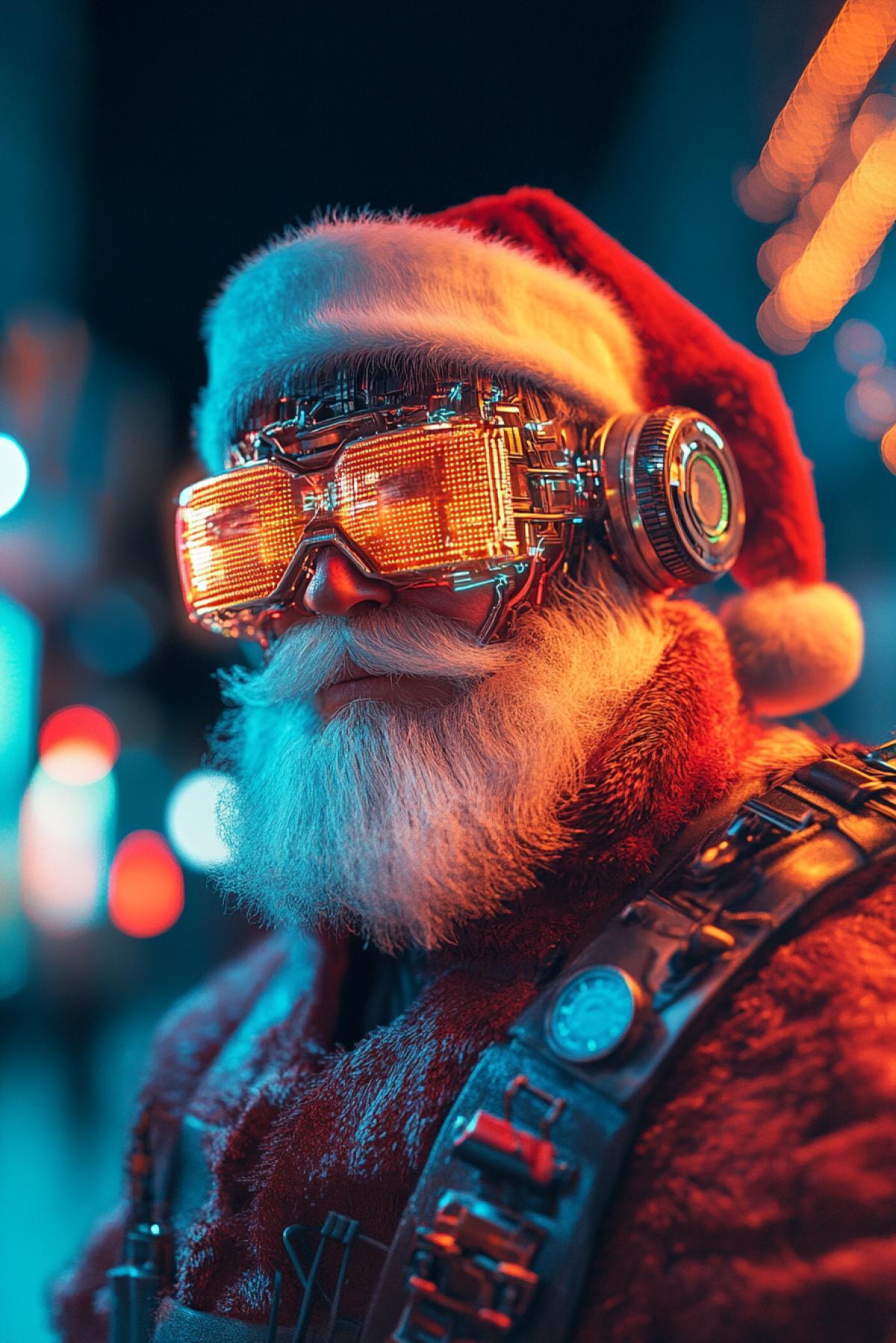 Cyborg Santa Claus in cyber punk style with glasses celebrates the New Year in the city of the future and high technology