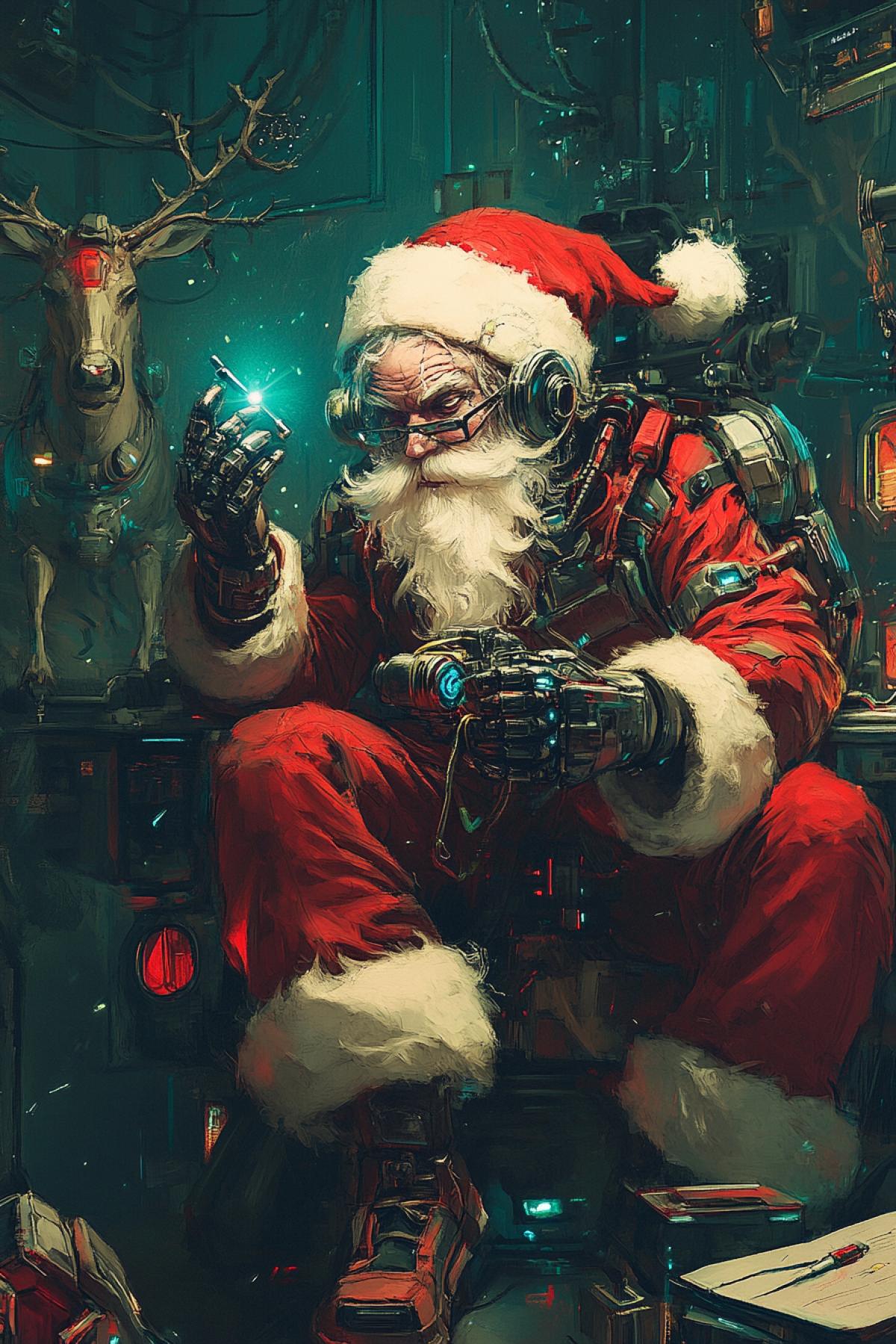 Cyberpunk. Dead Morose Santa Claus is repairing a robot reindeer with a laser screwdriver.