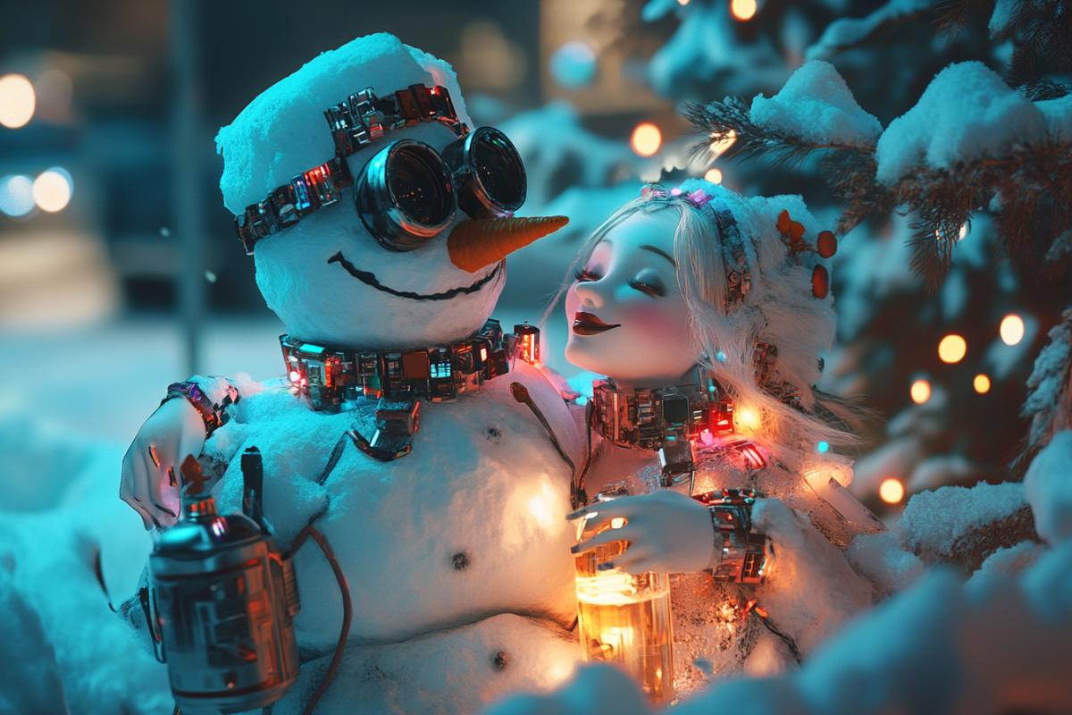 Cyberpunk Snowman drinks vodka in an embrace with the Snow Maiden celebrating the New Year, cyberpunk style