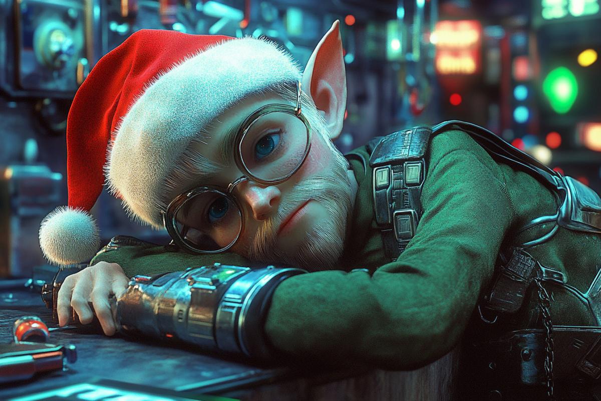 Cyberpunk. The drunken Christmas elf is tired after a long week of work.
