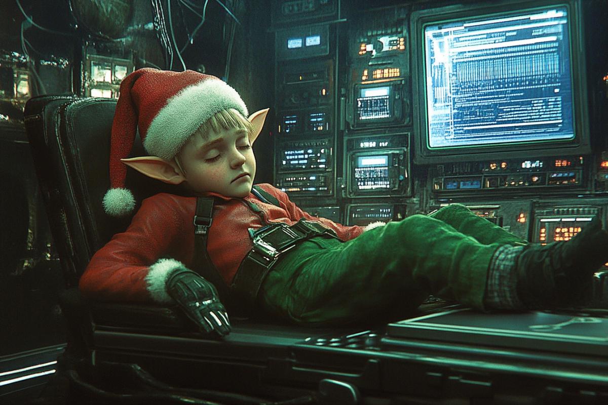 Cyberpunk. The drunken Christmas elf is tired after a long week of work.