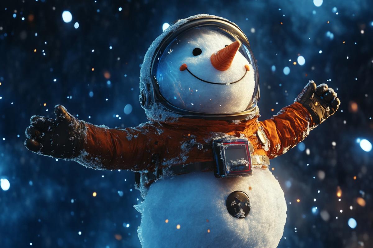 A snowman travels in space in a spacesuit