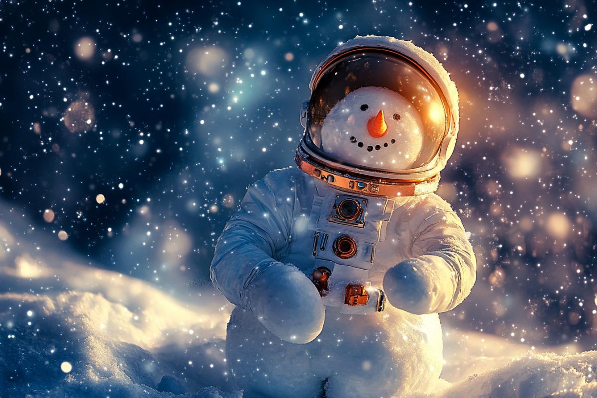 A snowman travels in space in a spacesuit