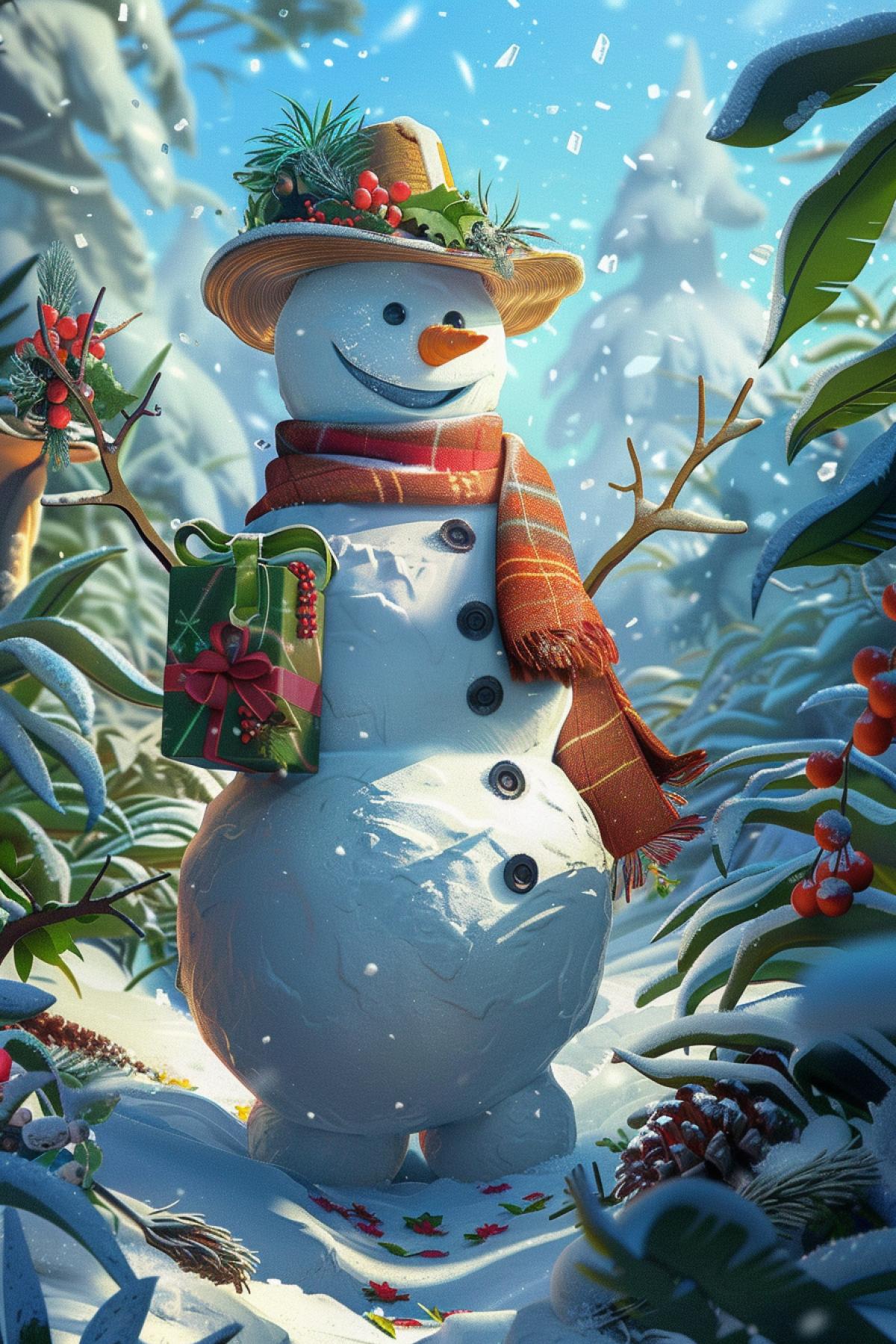 A snowman who travels through the wild jungle in search of gifts