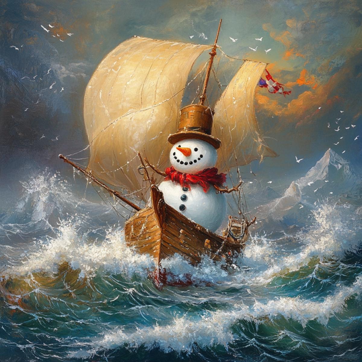 The snowman went on a journey on a small one-sailing ship. Ocean, big waves