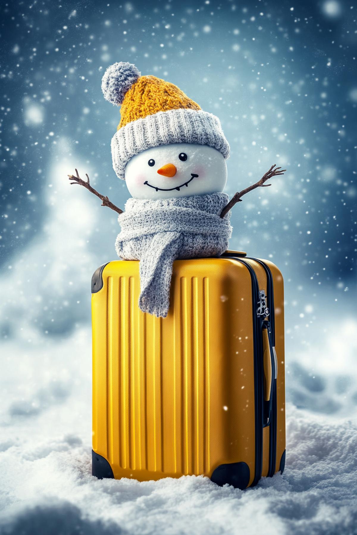 Snowman traveler, yellow suitcase, another universe, research, study, discovery of an extraterrestrial civilization, flickering, realistic image, photoshop