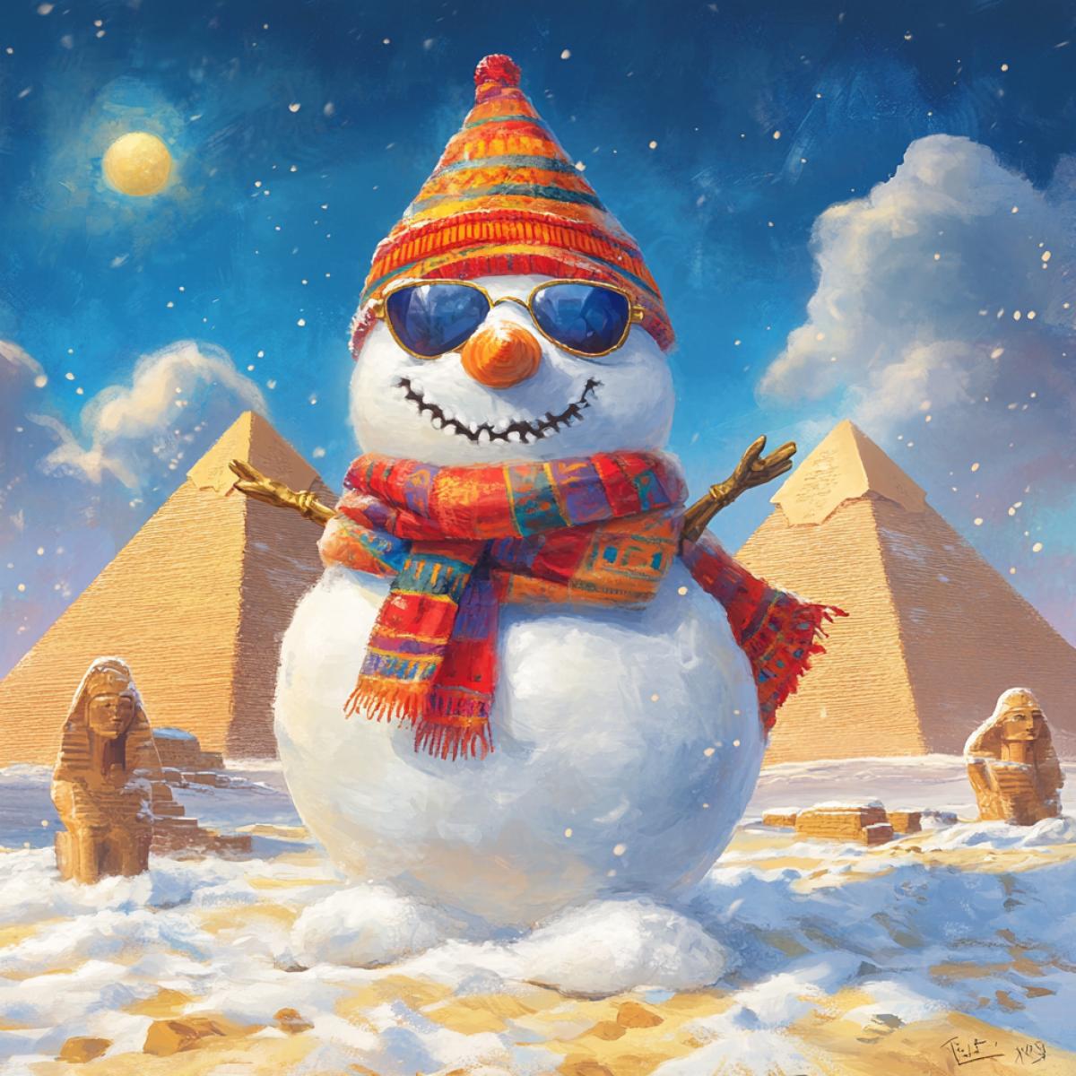 A cool snowman who flew to Egypt and decided to look at the pyramids, mummies and pharaohs