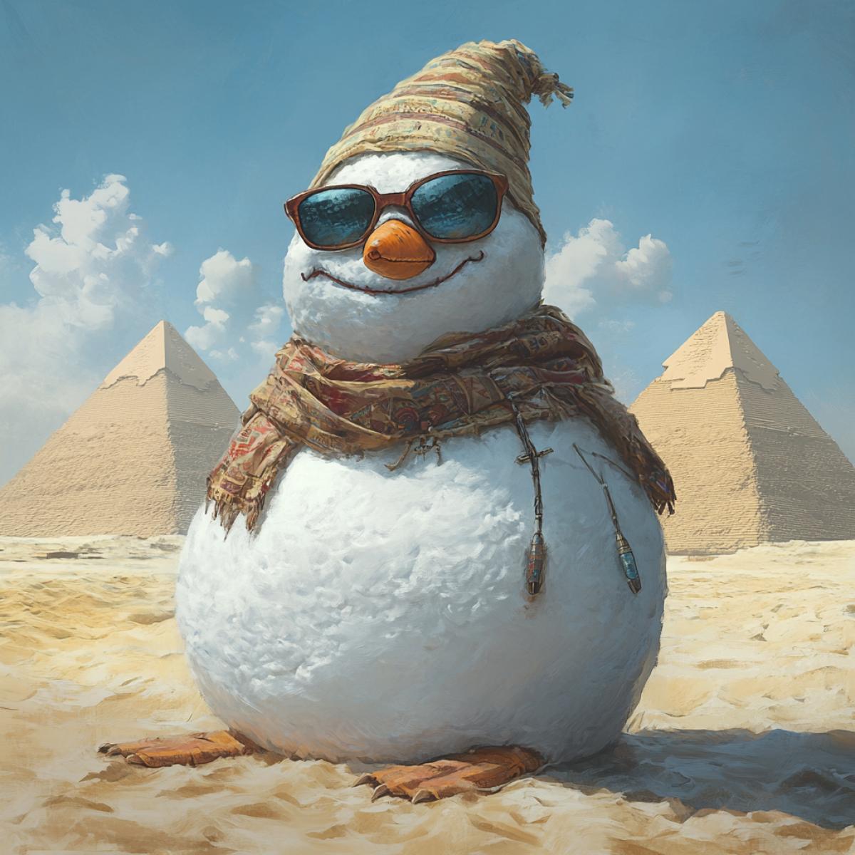 A cool snowman who flew to Egypt and decided to look at the pyramids, mummies and pharaohs
