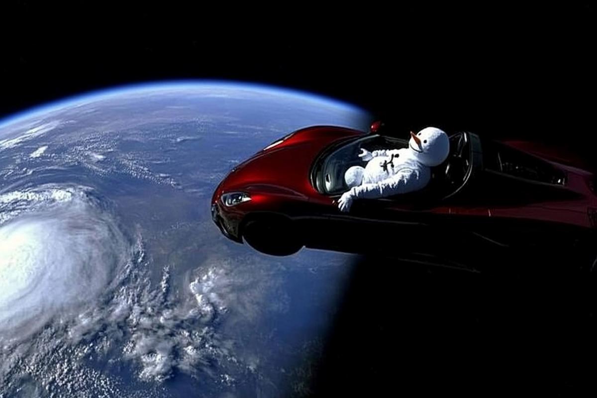 The snowman is flying in space around the Earth in a red sports car.