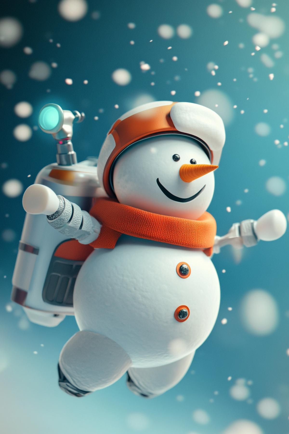 The clever snowman is flying using a jetpack.