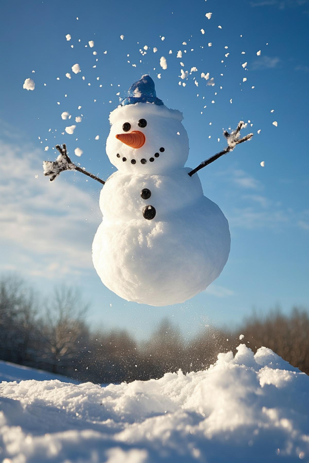 The clever snowman is flying using a jetpack.
