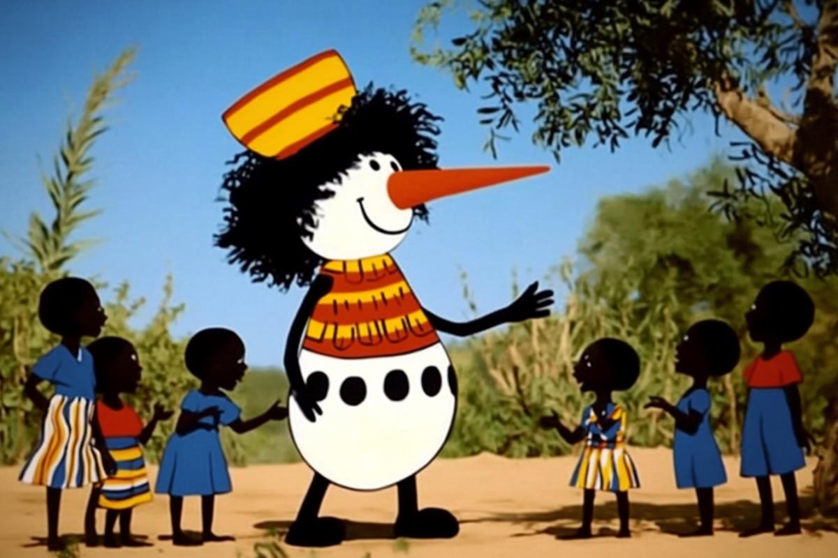 The snowman on vacation is performing tricks for dark children in Africa.