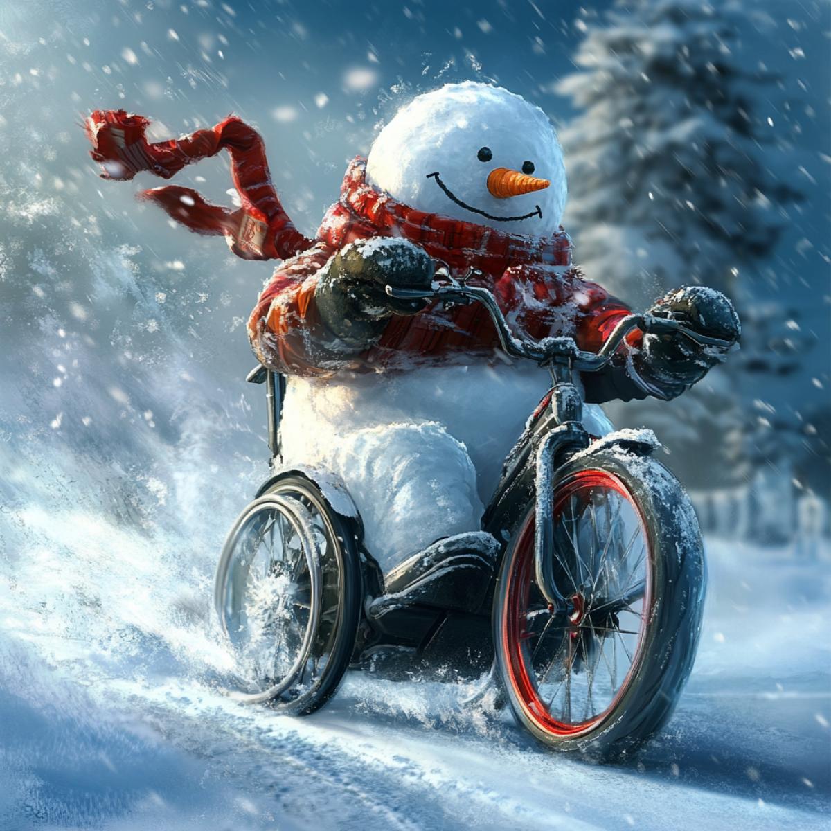 A determined and very serious snowman is racing in a wheelchair, participating in the MotoGP World Championship. The operator conveyed the feeling of speed.