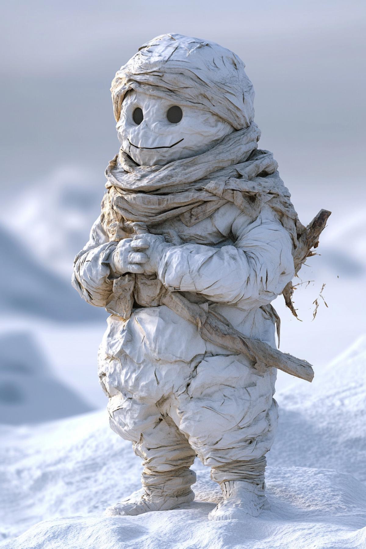 Snowman archaeologist, travel, mummy, research, study, flickering, realistic image, photoshop
