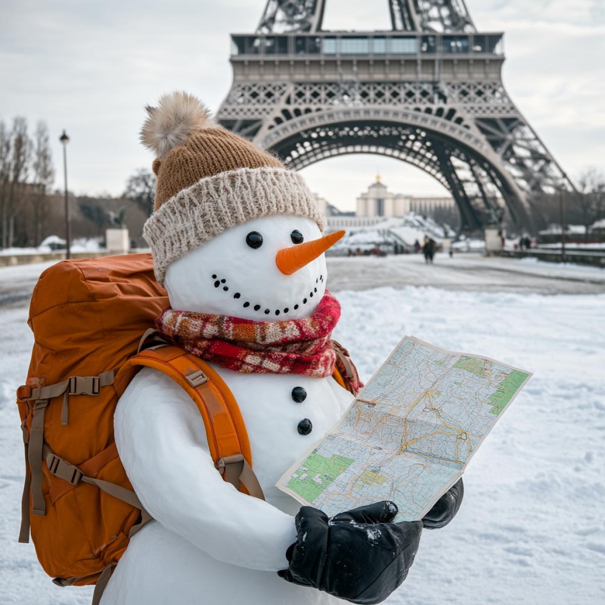 snowman traveler with backpack and equipment looking at a map near the eiffel tower
