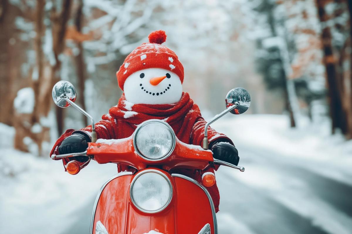 Snowman on a moped traveler