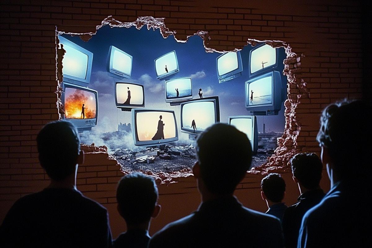 People are watching many television screens through a hole in the wall.