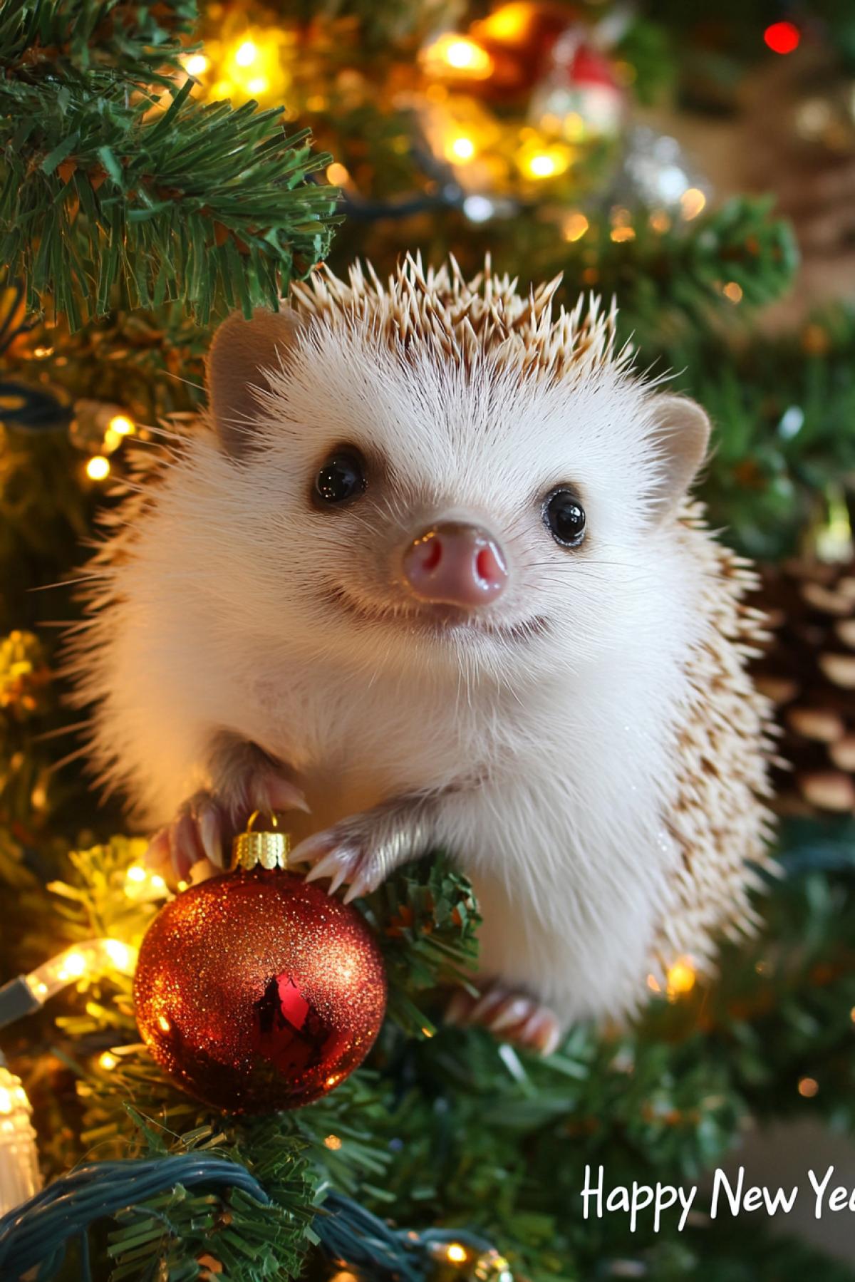 Remote cute hedgehog sitting on windowsill, sunrise + frost patterns on glass, yellow lights, looking up, decorated Christmas tree, lights on Christmas tree, ultra detail, HDR, high contrast, ultra realistic, hd, fantasy. Caption \"Happy New Year\".
