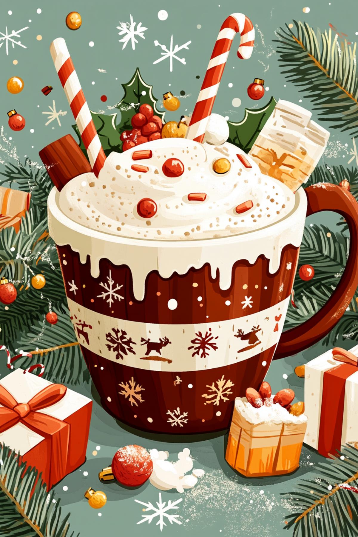 Christmas, cute, cozy, hot chocolate, sweater, joy, dreams, hopes and gifts. Style postcard.