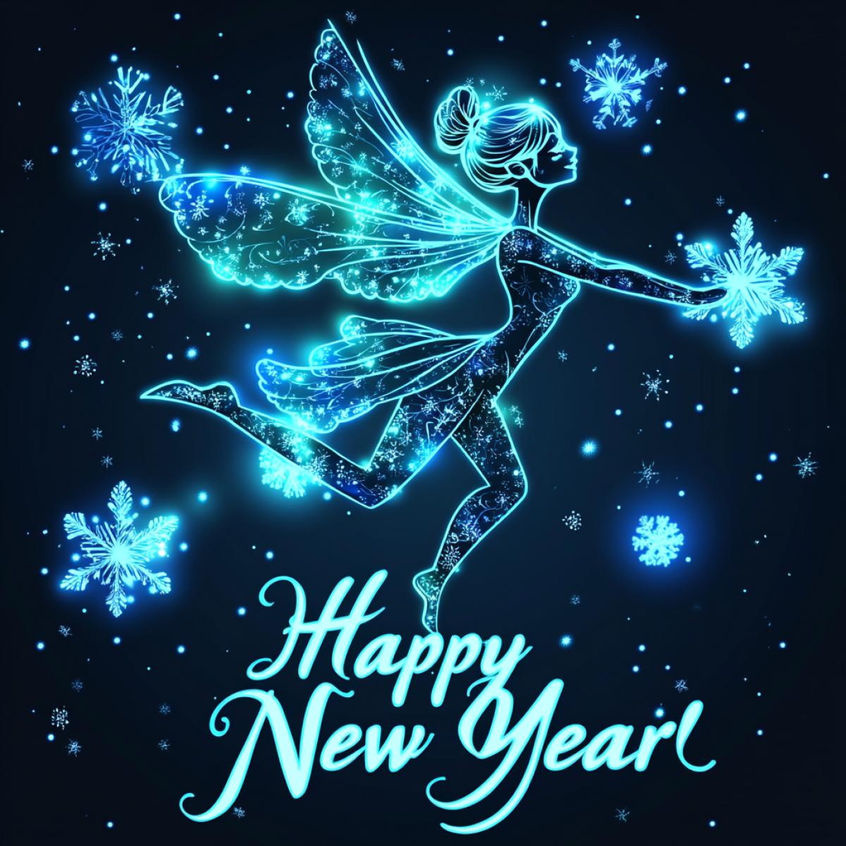 Small beautiful graceful snow fairy girls in the form of snowflakes with transparent wings, a beautiful face, flying like snowflakes and spinning in the air, the \"Happy New Year\" logo on the bottom, neon