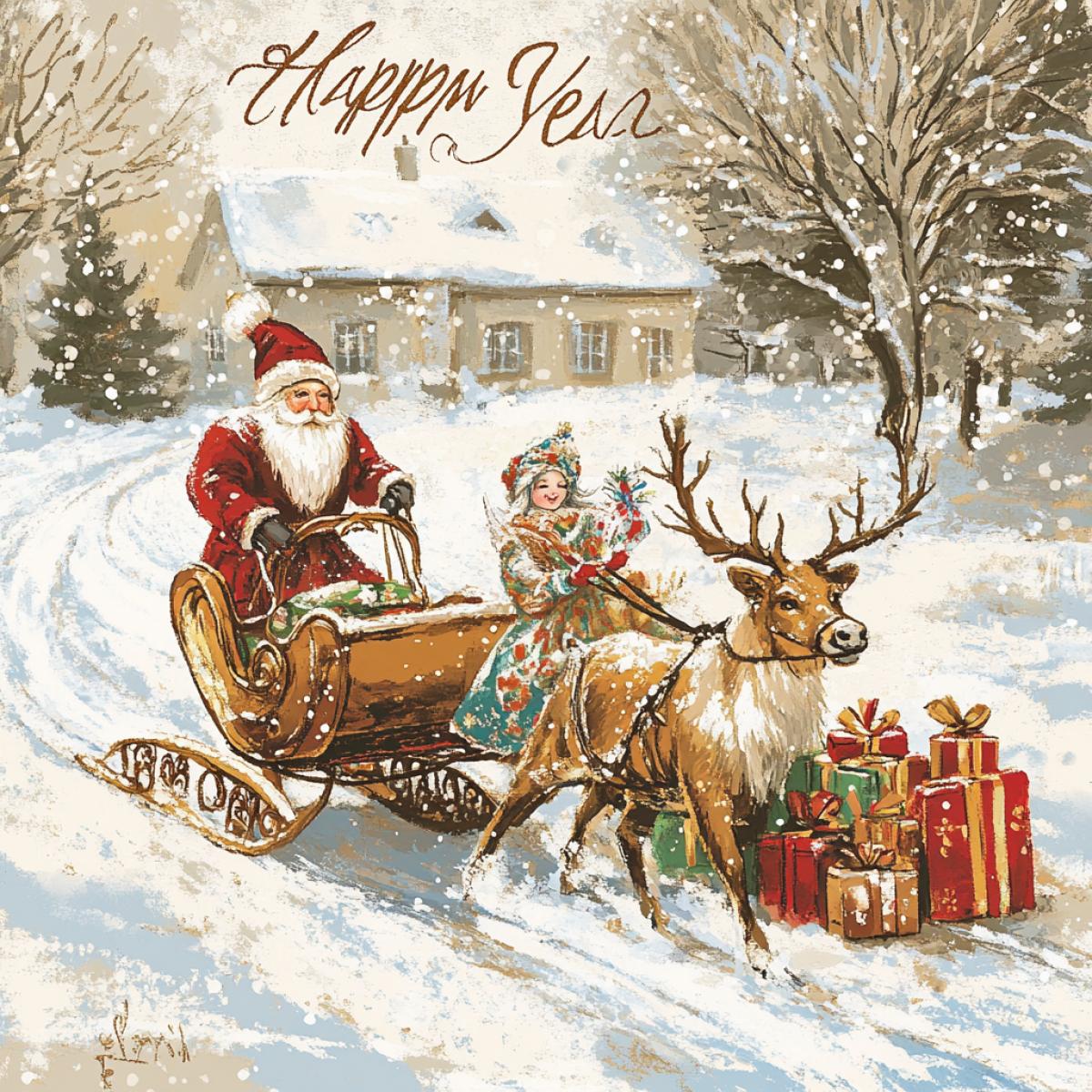 Postcard with the inscription Happy New Year with a reindeer sleigh on which Father Frost is watching with the Snow Maiden and with gifts