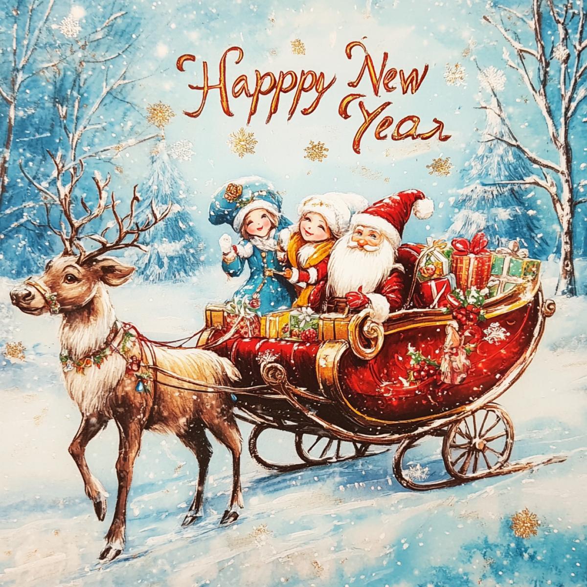 Postcard with the inscription Happy New Year with a reindeer sleigh on which Father Frost is watching with the Snow Maiden and with gifts