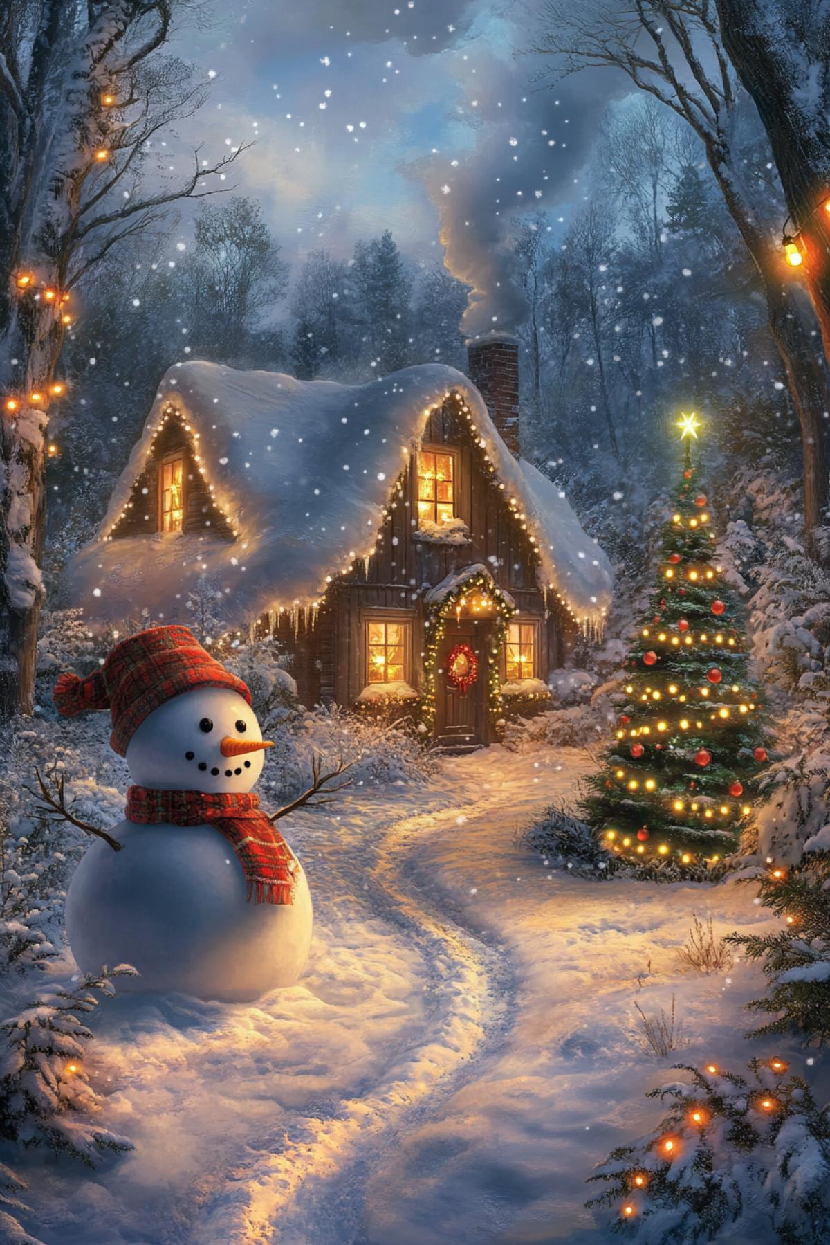 An image of a magical winter forest, wrapped in fluffy snow, with bright garland lights illuminating the path. In the foreground is a cute snowman with a scarf and hat, and in the background is a cozy house with smoke from a chimney and a Christmas tree by the window.