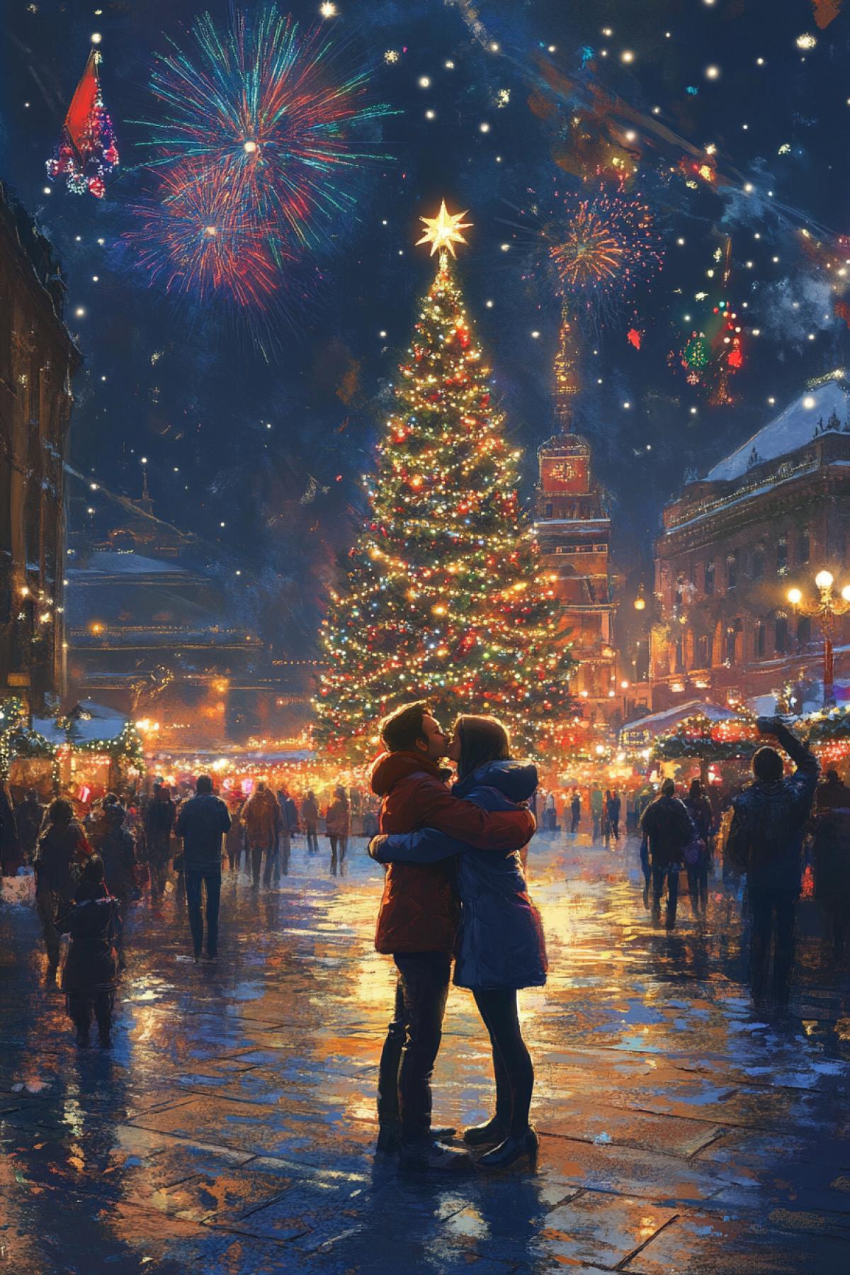 The city square is decorated for the holiday, with a big Christmas tree in the center. There are bright fireworks in the sky, illuminating the faces of happy people hugging and wishing each other a Happy New Year.