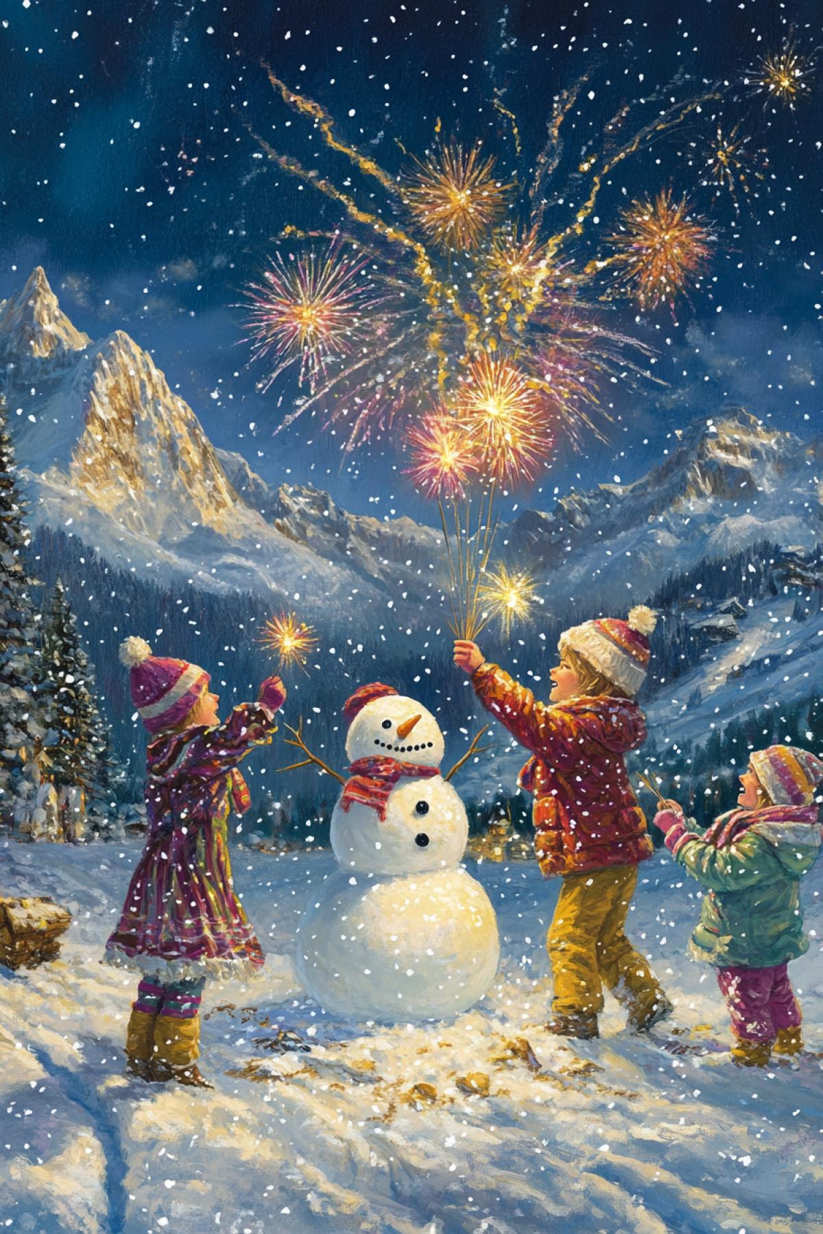 An image of children happily playing in the snow, making a snowman and setting off snowy fireworks. In the background are snow-capped mountains and a bright starry sky, creating the atmosphere of a real winter miracle.