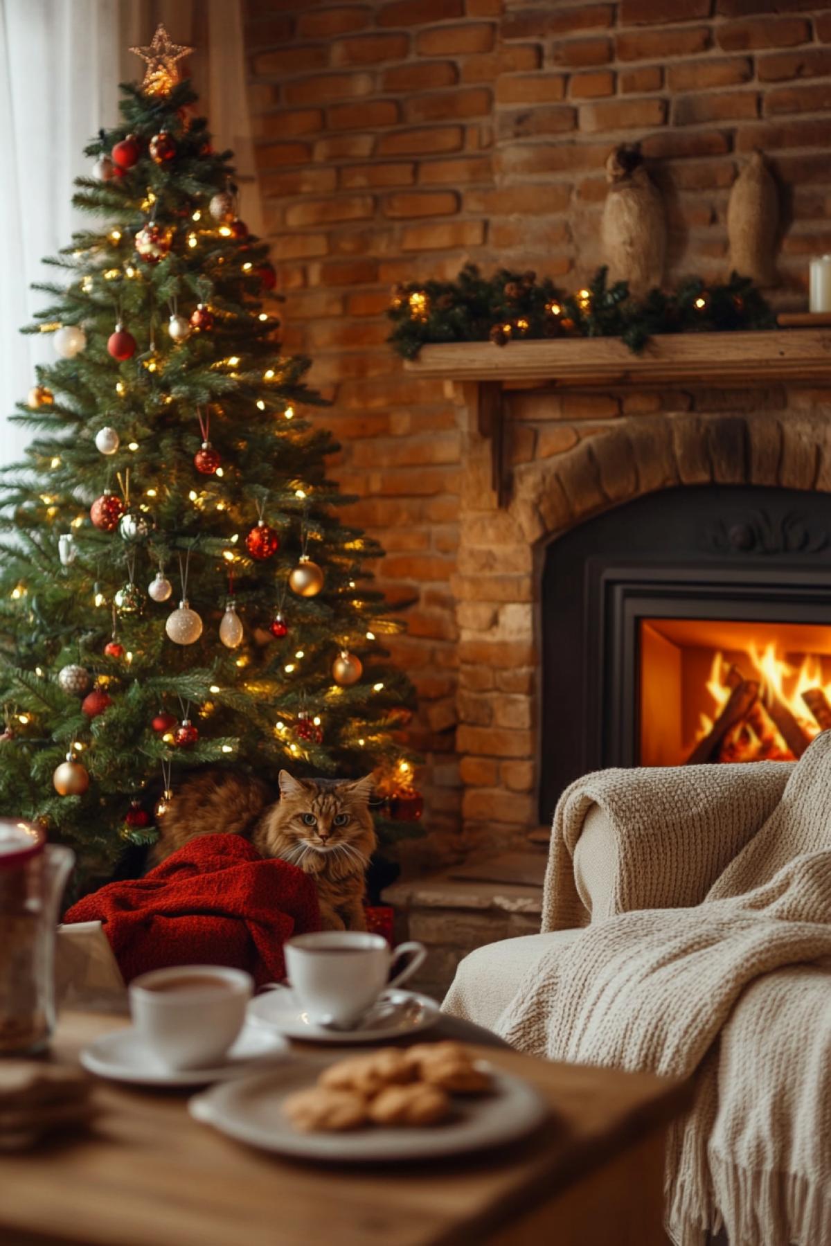 Living room interior with a fireplace, near which stands a decorated Christmas tree. There are cups of hot chocolate and a plate of cookies on the table. There is a blanket on the sofa, and next to it is a cat curled up in a ball. Create an atmosphere of family warmth and comfort.