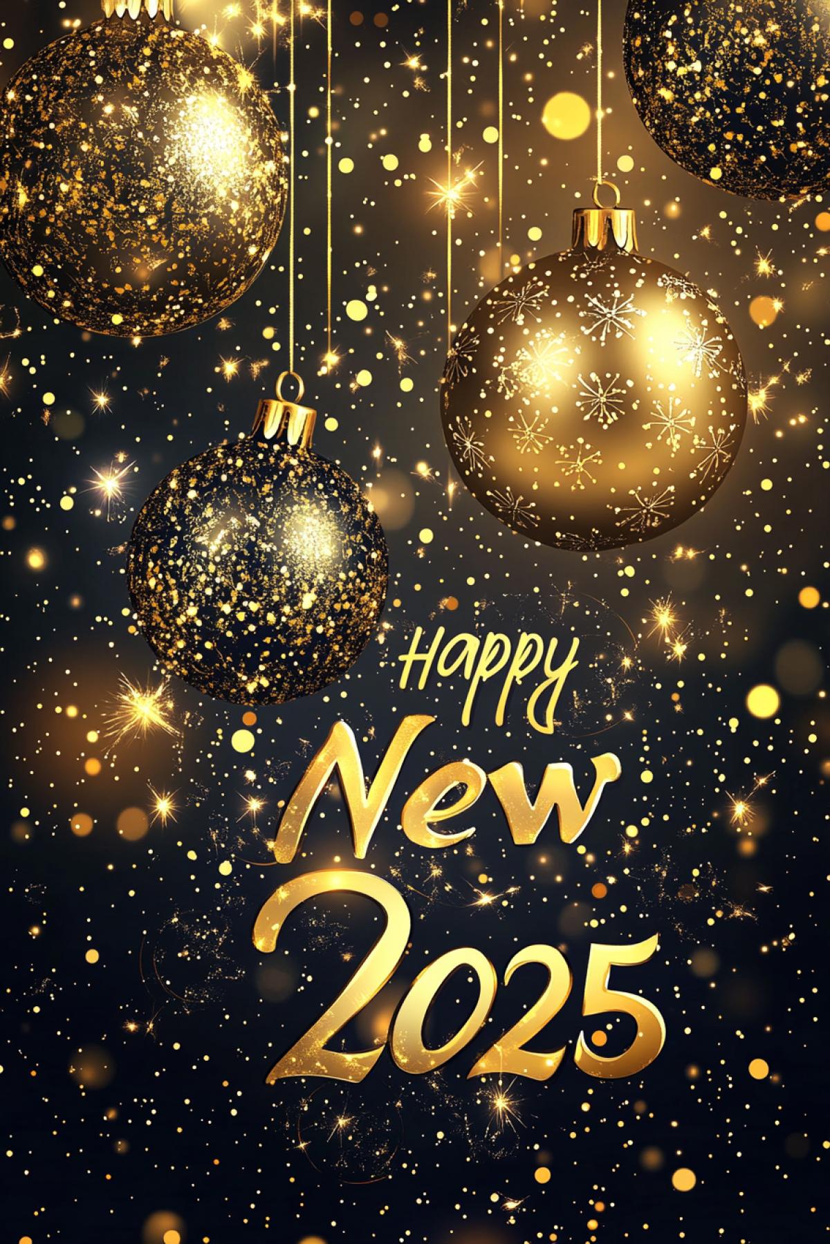 New Years greetings, New Year, logo, poster, large inscription *Happy new year 2025*, holiday, flickering, realistic image, photoshop, space, New Years balls