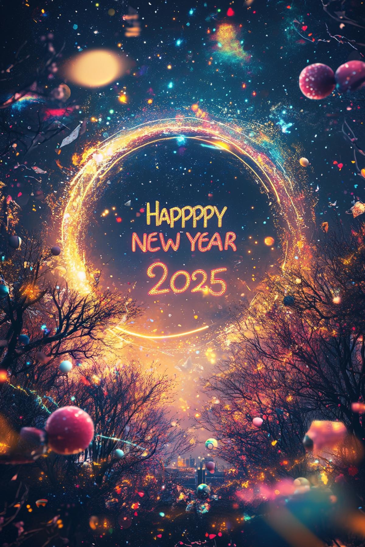 New Year greetings, logo, poster, trees, candies, universe. Space, flickering photoshop, large inscription *happy new year 2025*