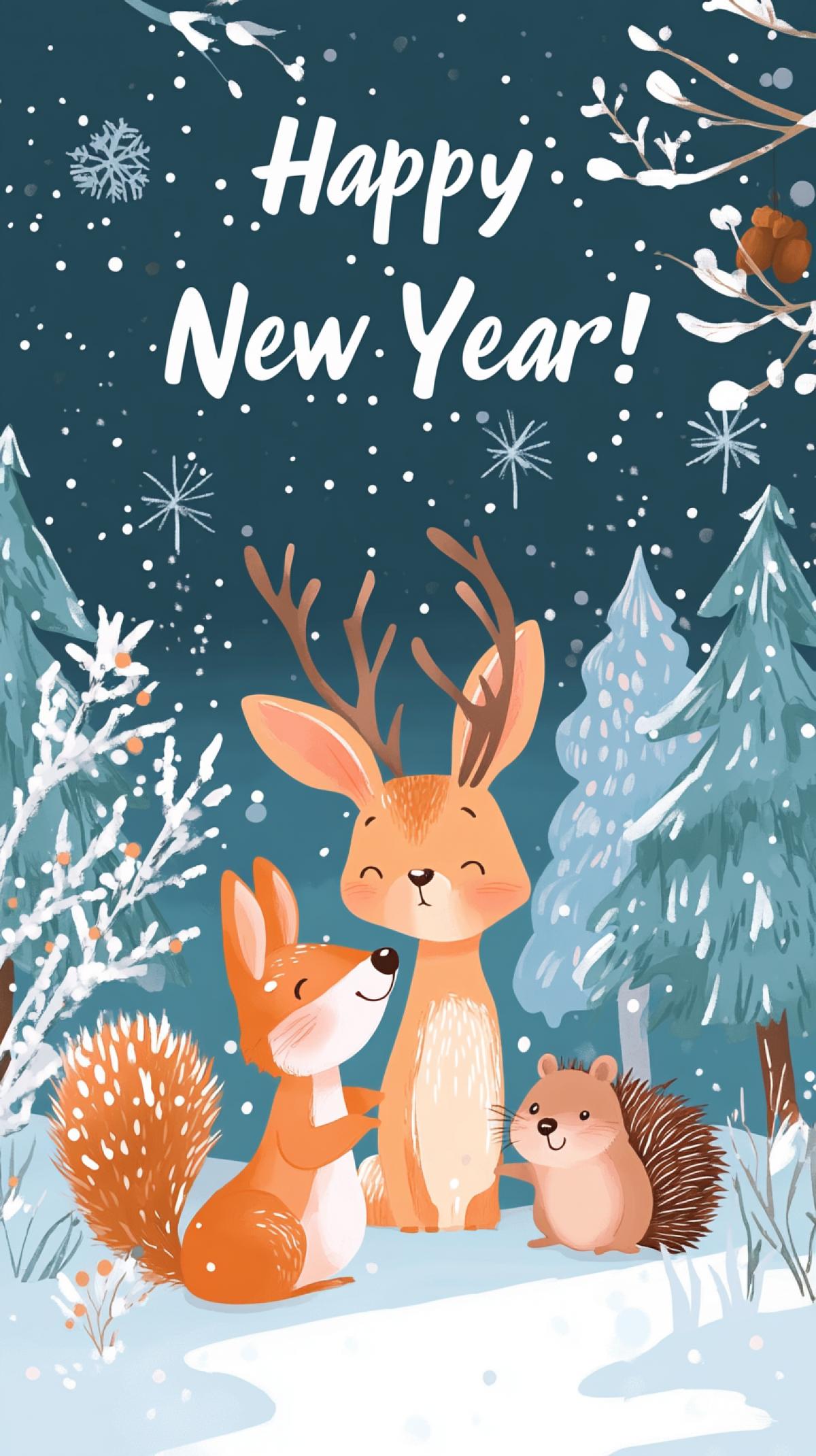 New Years card with a hare, deer, hedgehog, squirrel in a New Years snowy forest. With the inscription \"Happy New Year!\"