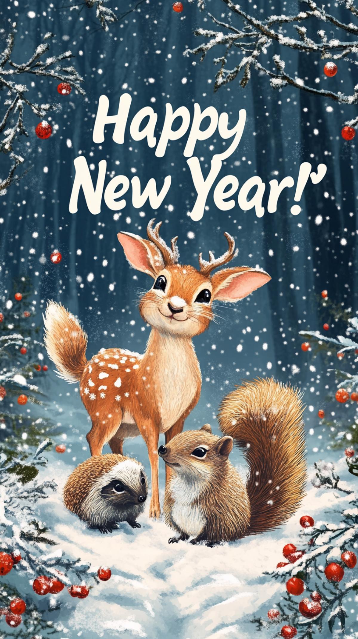 Photorealistic New Years card with a hare, deer, hedgehog, squirrel in a New Years snowy forest. With the inscription \"Happy New Year!\"