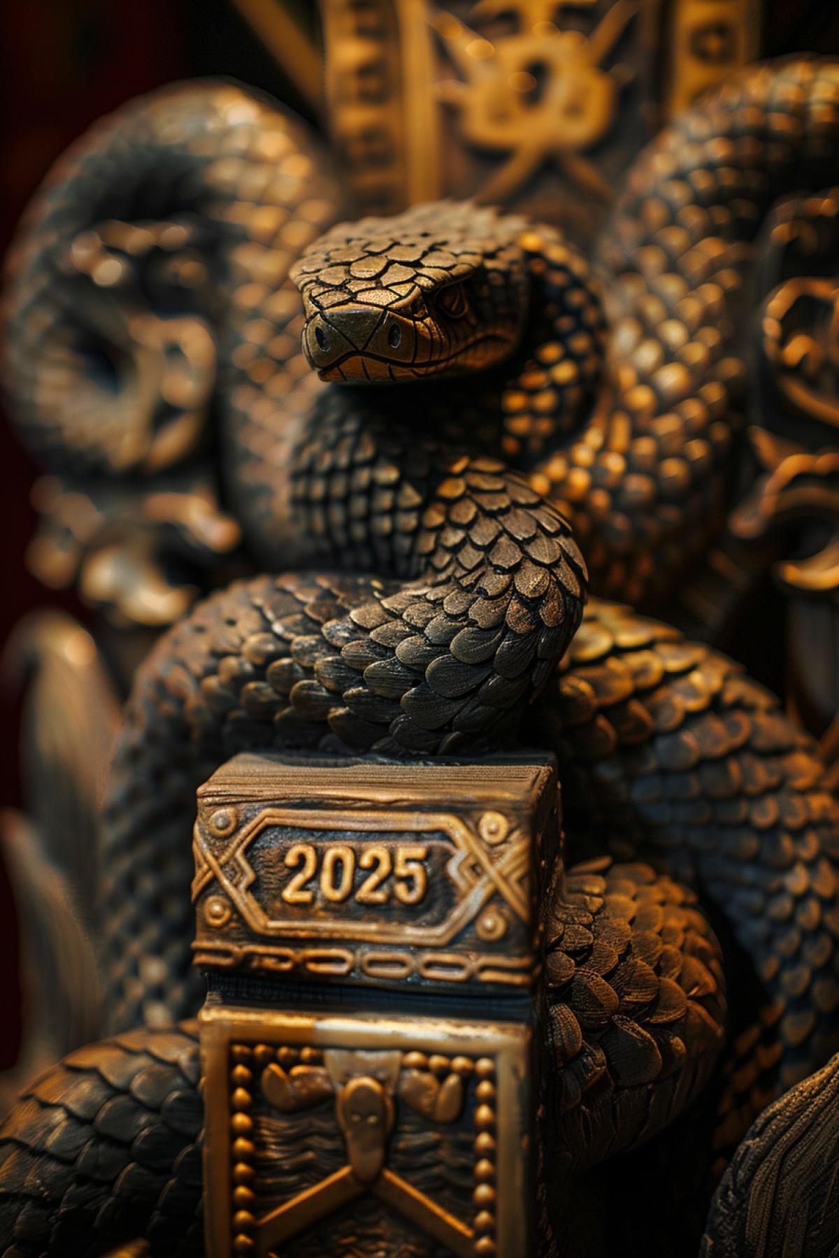 The snake sits on a throne on top of the golden inscription \"2025\"