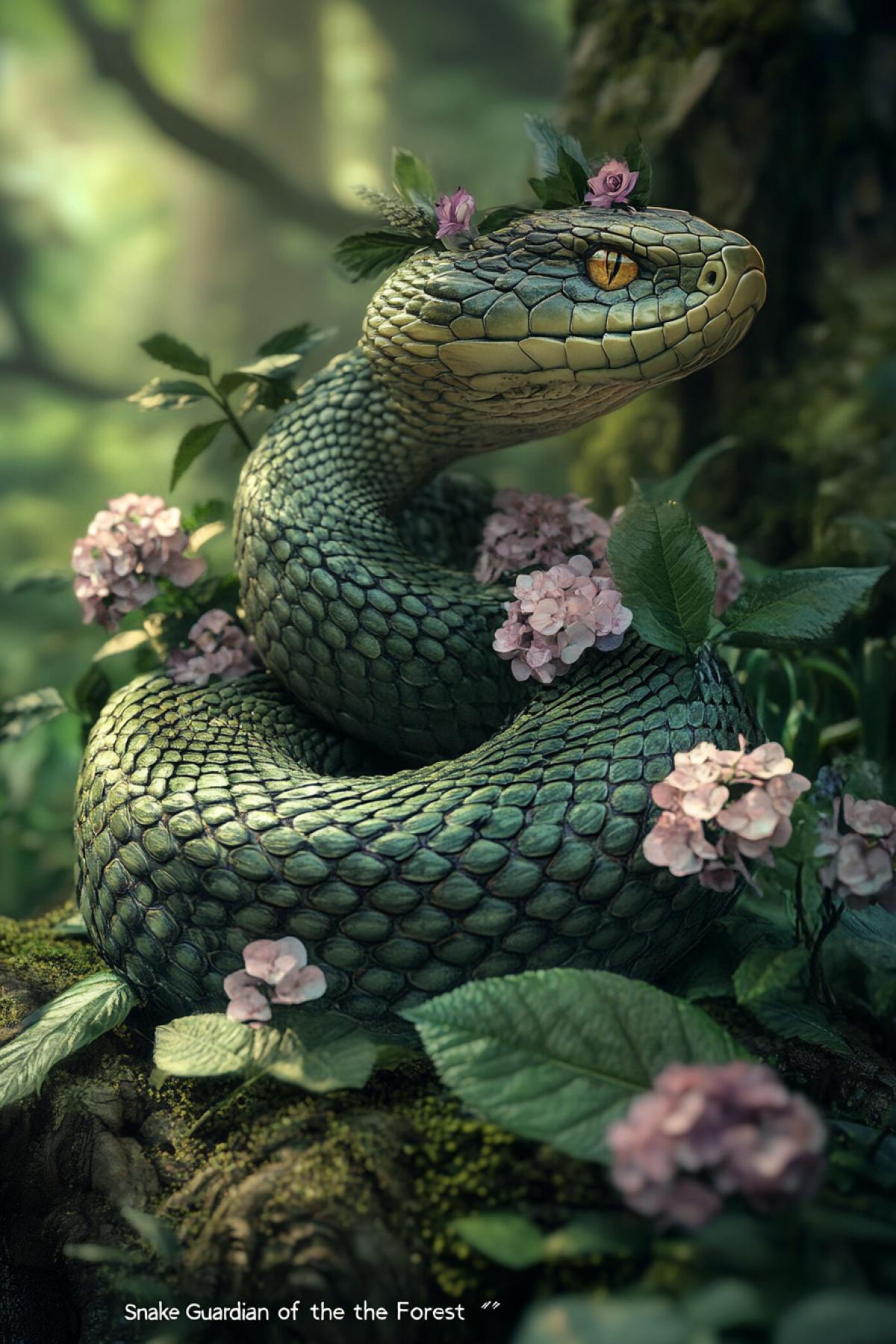 \"Snake Guardian of the Forest\": Imagine a snake guarding an ancient forest, where it is the keeper of its secrets. Let the image contain elements of fauna and flora that emphasize her role as a conservationist.