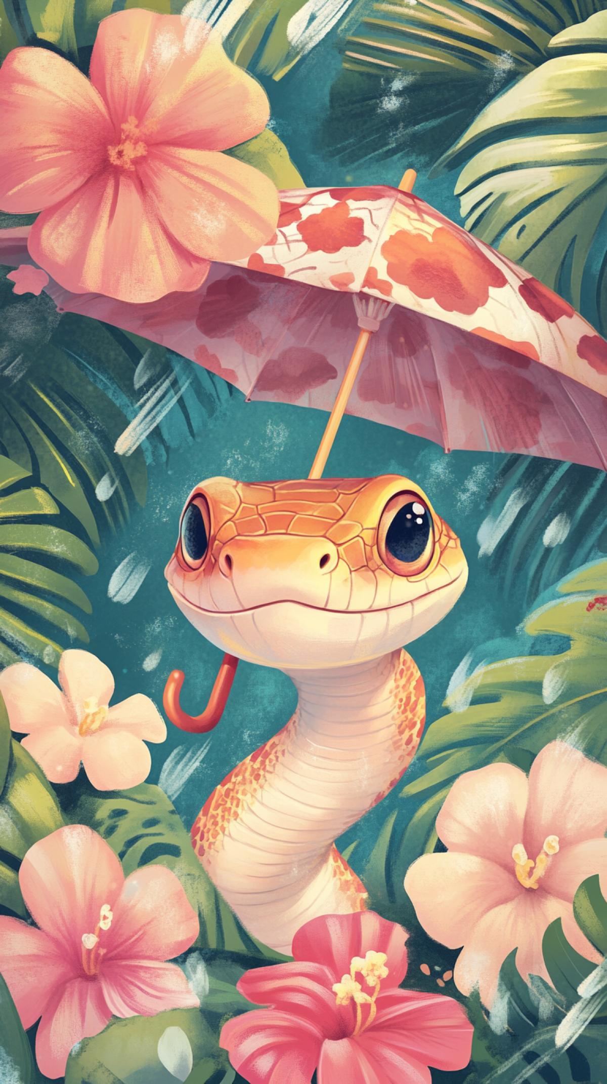 Happy snake in flowers under an umbrella